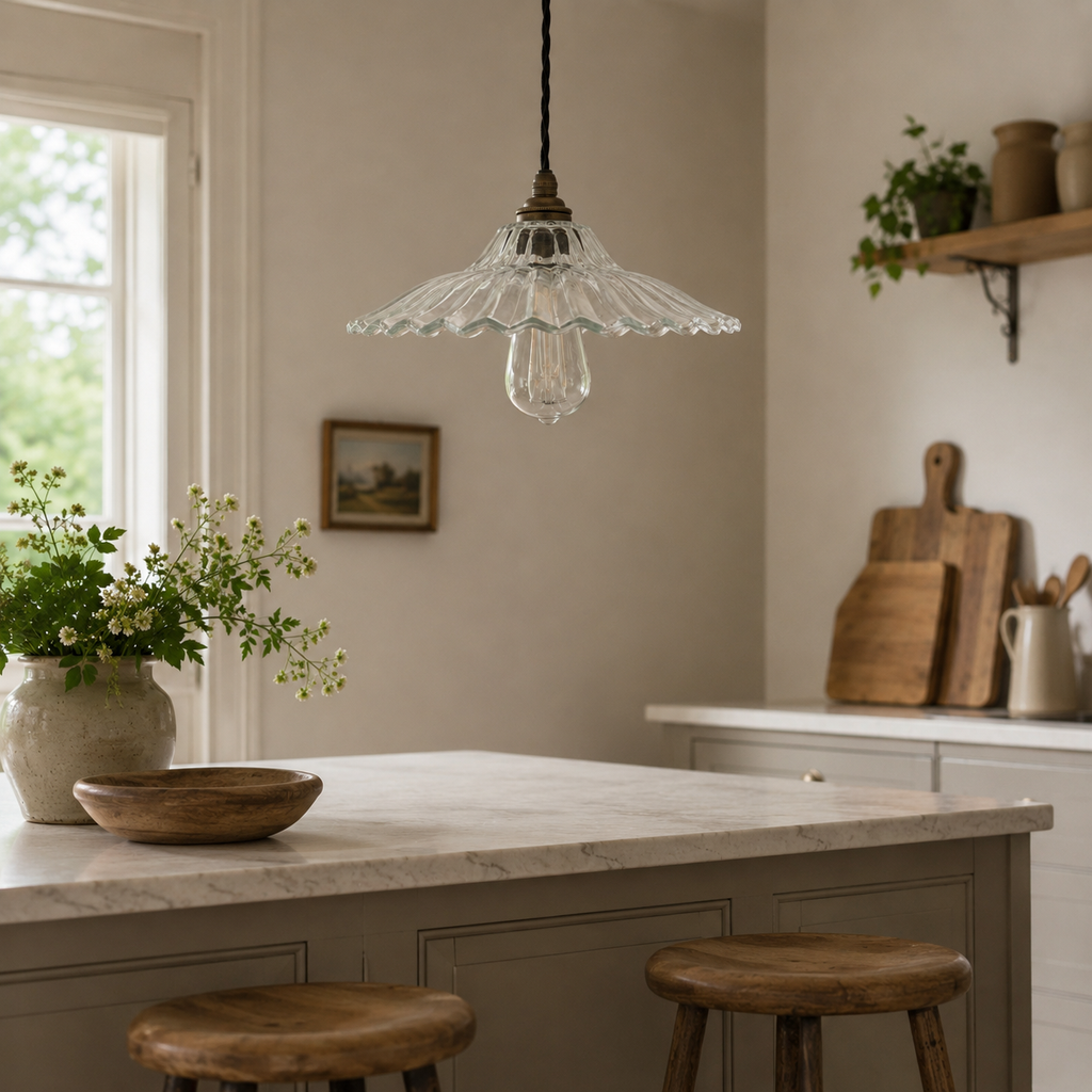 Kitchen island with pendant light, stools, and decorative elements.