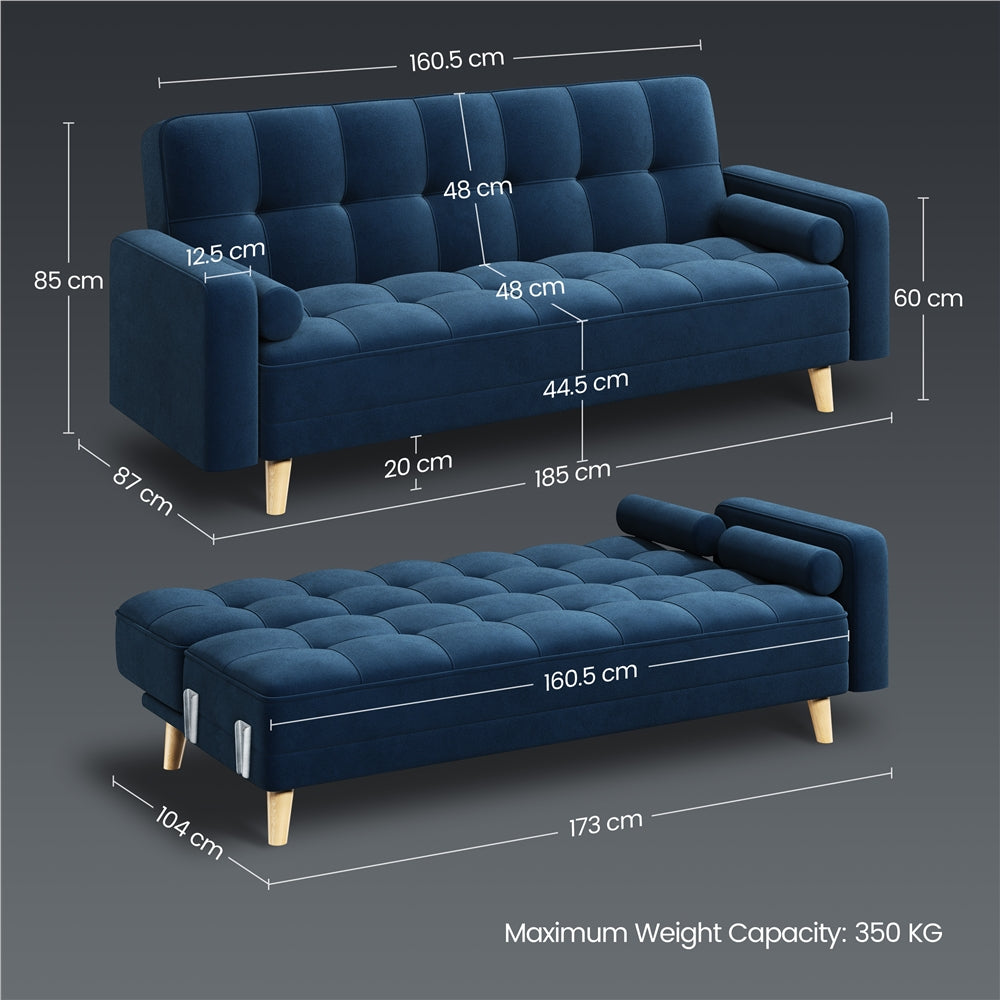 Navy blue sofa with dimensions labeled on a gray background