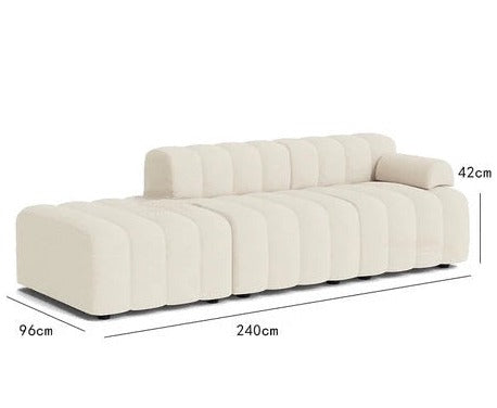 Beige sofa with dimensions labeled on a white background