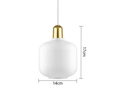White pendant light with gold fixture and dimensions labeled on a white background