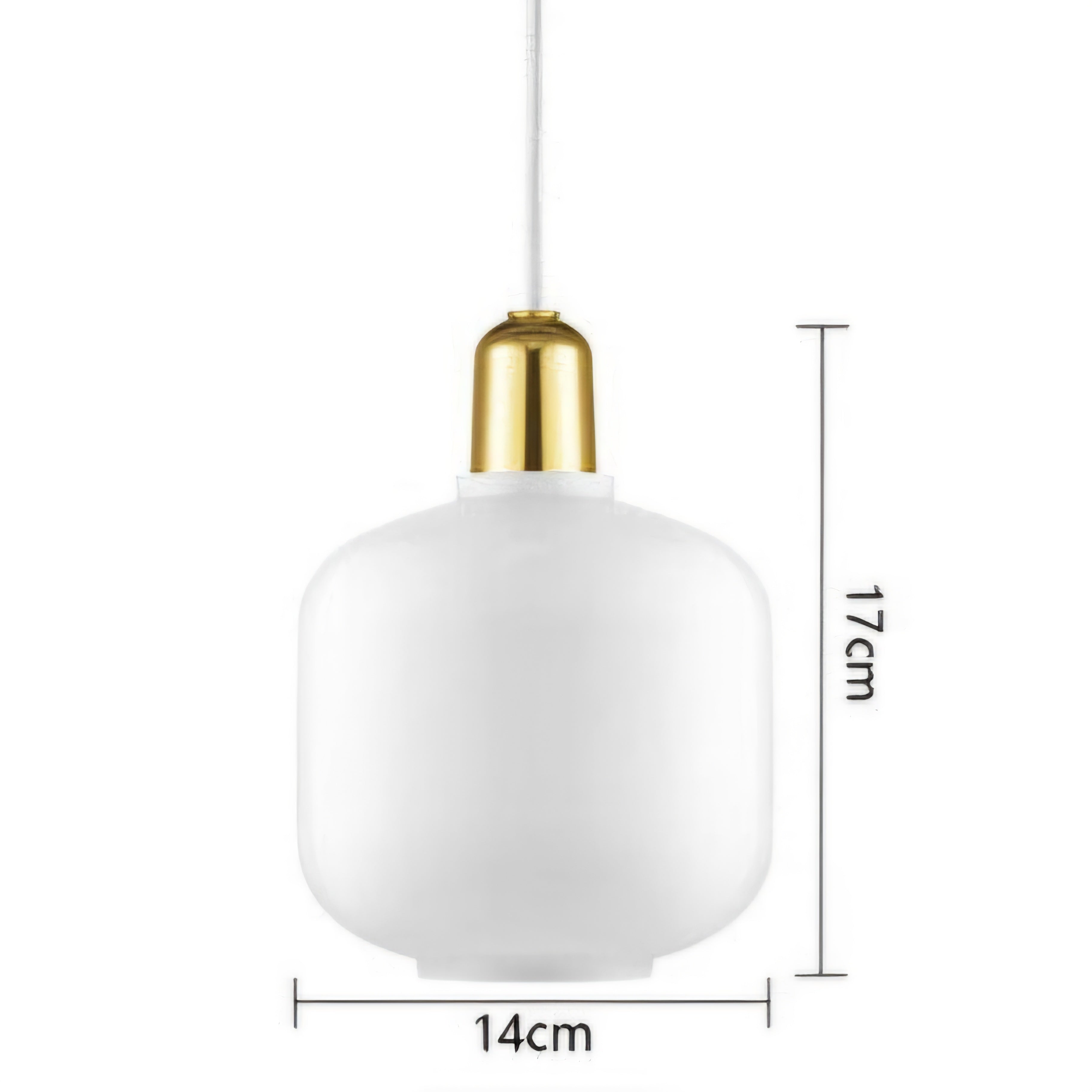 A frosted white pendant light with a gold metal cap and white cord, shown with dimension lines indicating a height of 17cm and width of 14cm.