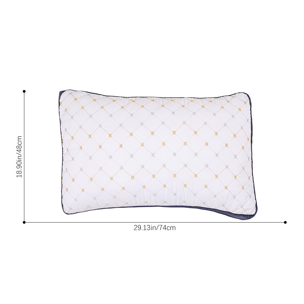 White pillow with gold geometric pattern and measurements on a white background