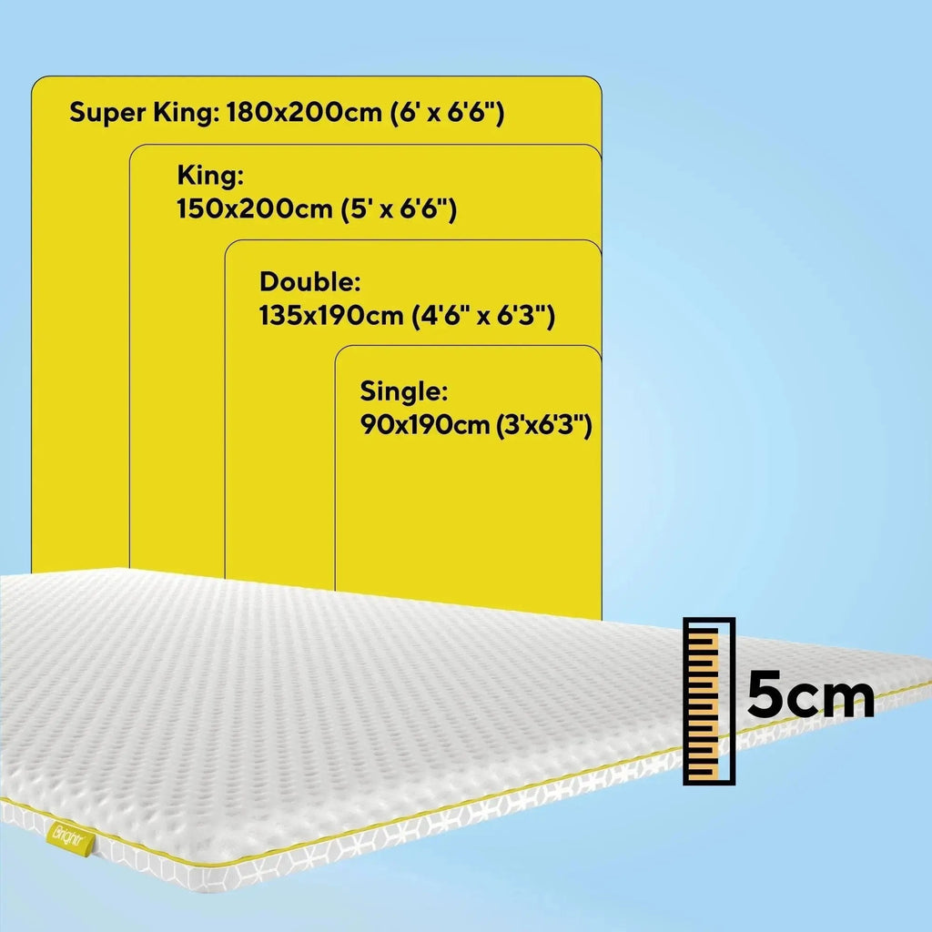 Mattress topper with size chart on a blue background