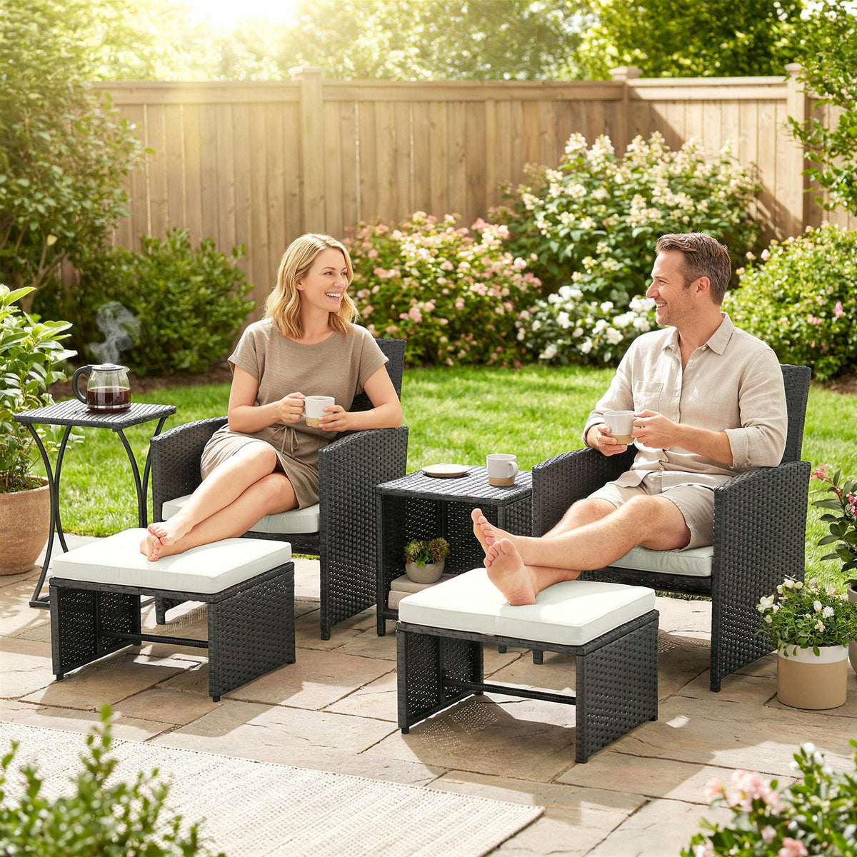 Outsunny 6 Piece Rattan Garden Furniture, Space-Saving Patio Furniture Set with Nesting Tables, Chairs, Stools, Cushions, Black