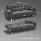 Gray sofa with dimensions labeled on a gray background