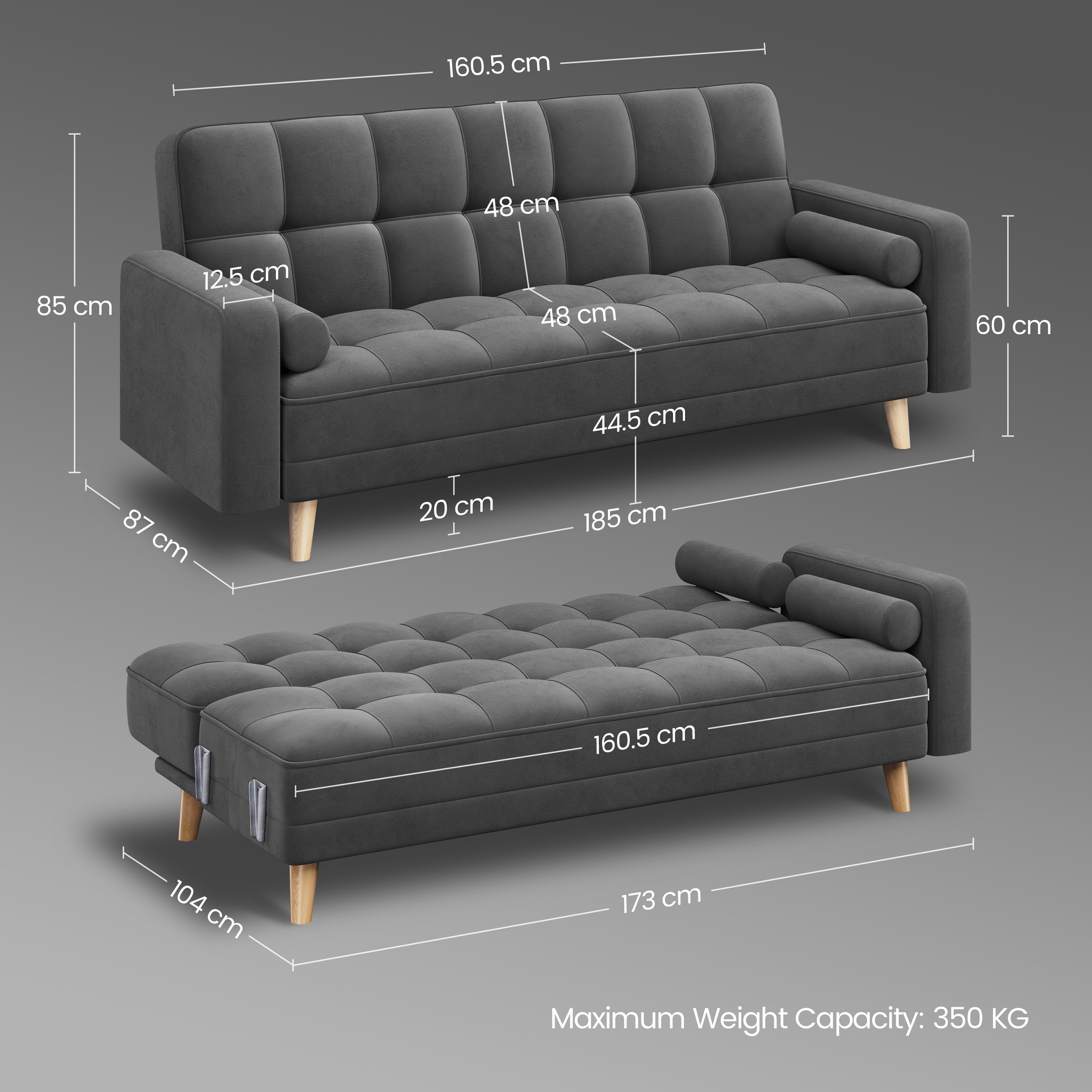 Gray sofa with dimensions labeled on a gray background