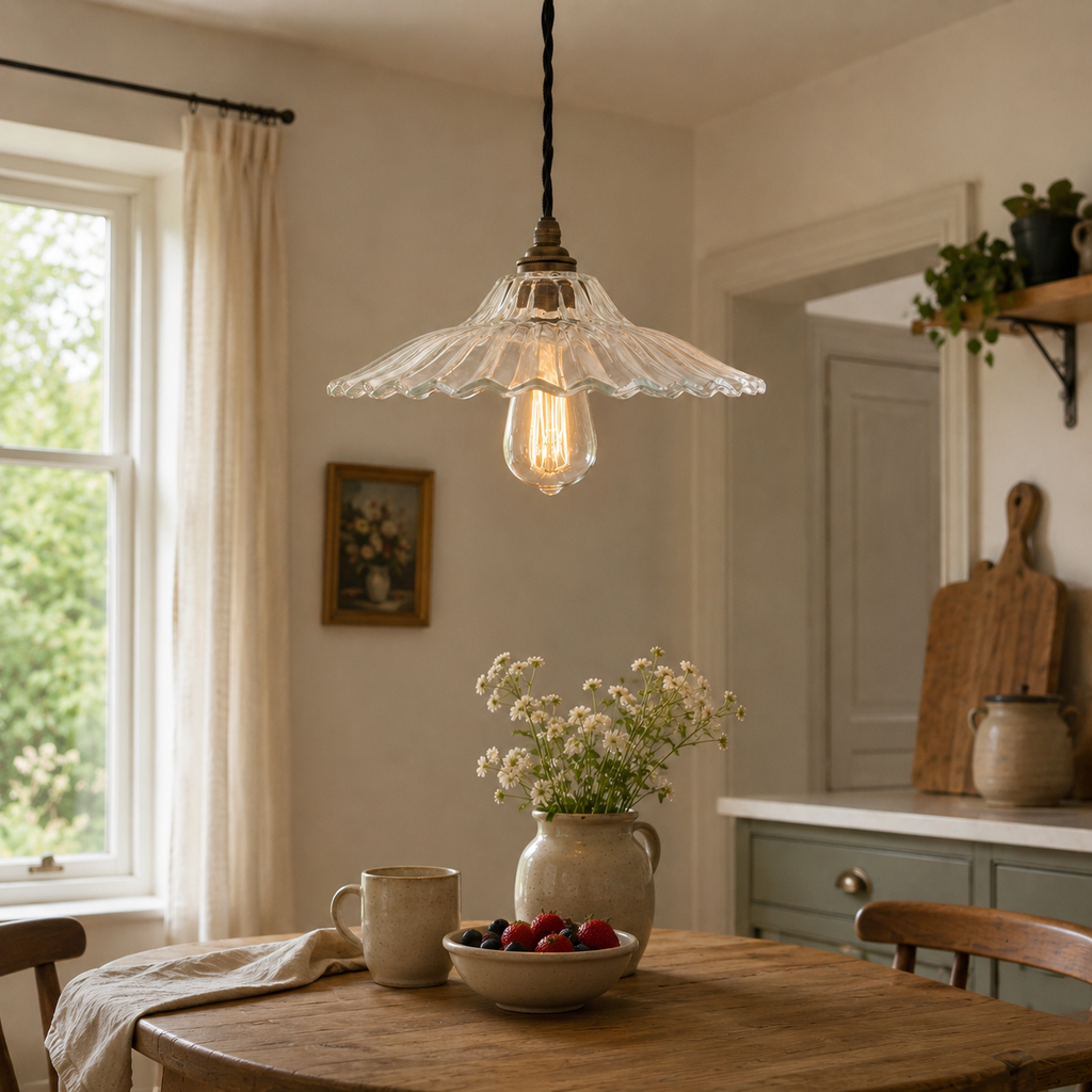 Vintage-style pendant light hanging above a wooden table with a bowl of fruit and flowers.