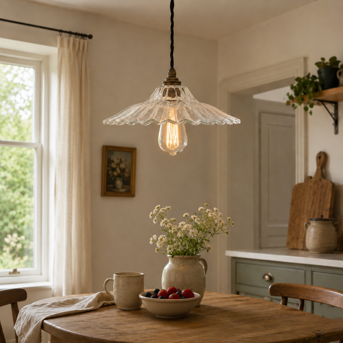Vintage-style pendant light hanging above a wooden table with a bowl of fruit and flowers.