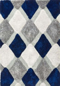 Geometric patterned rug with blue, gray, and white diamonds.