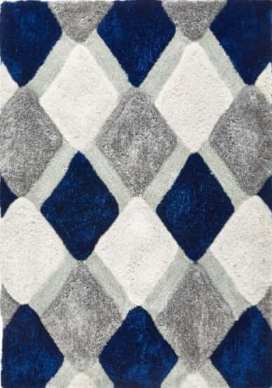 Geometric patterned rug with blue, gray, and white diamonds.