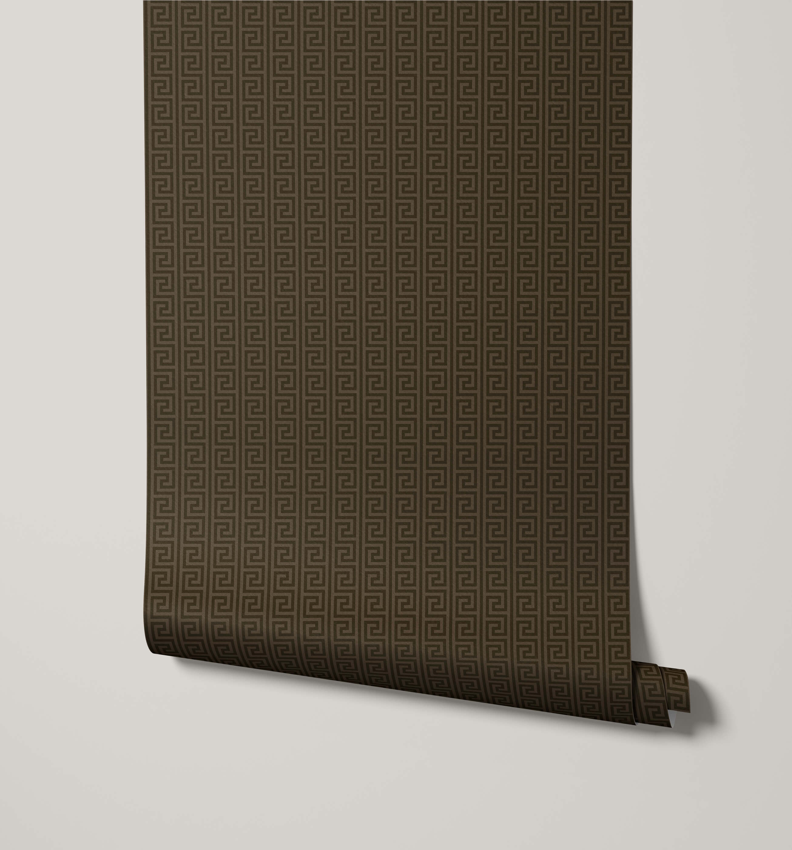 Roll of brown wallpaper with a geometric pattern on a light gray background