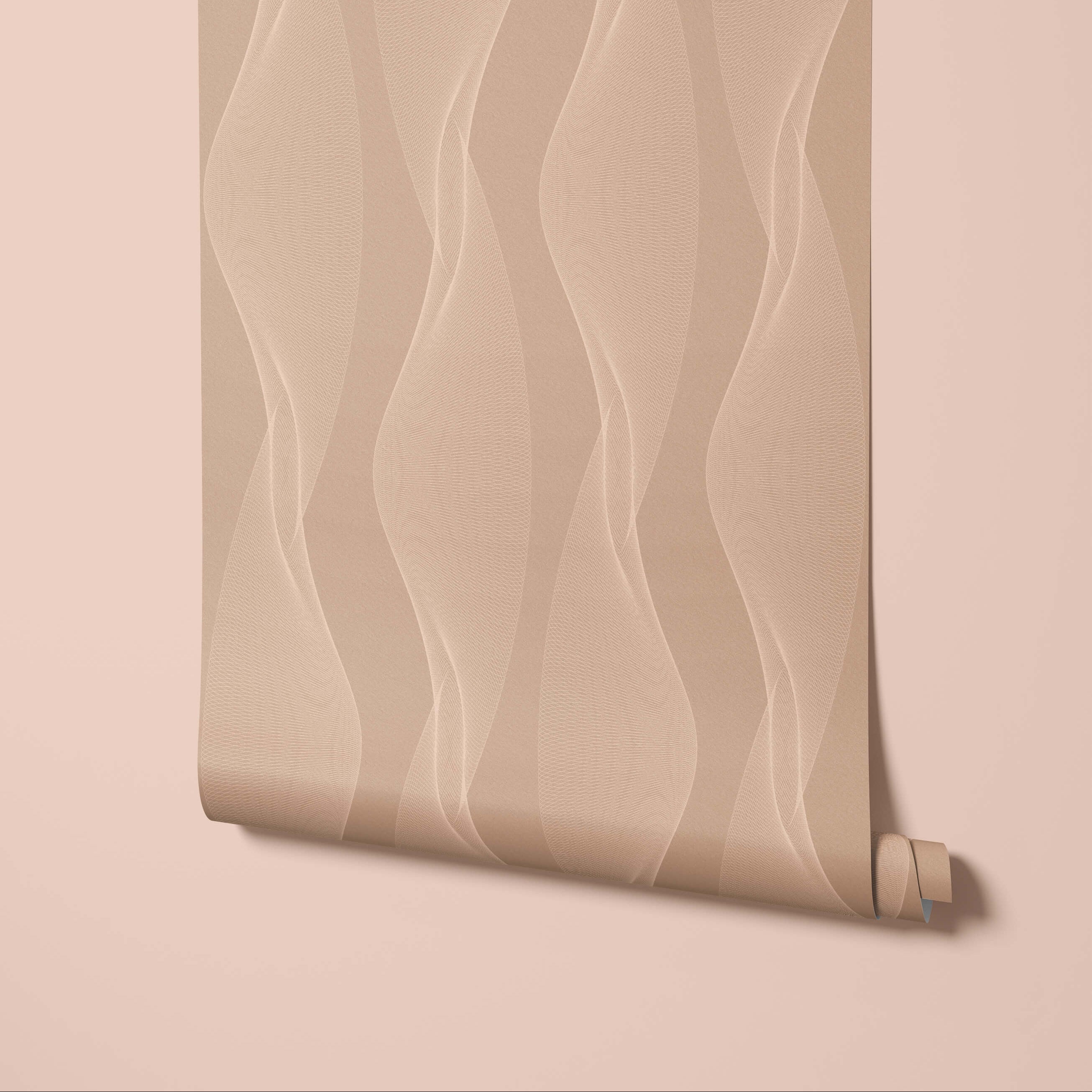Roll of beige wallpaper with wavy pattern on a matching background