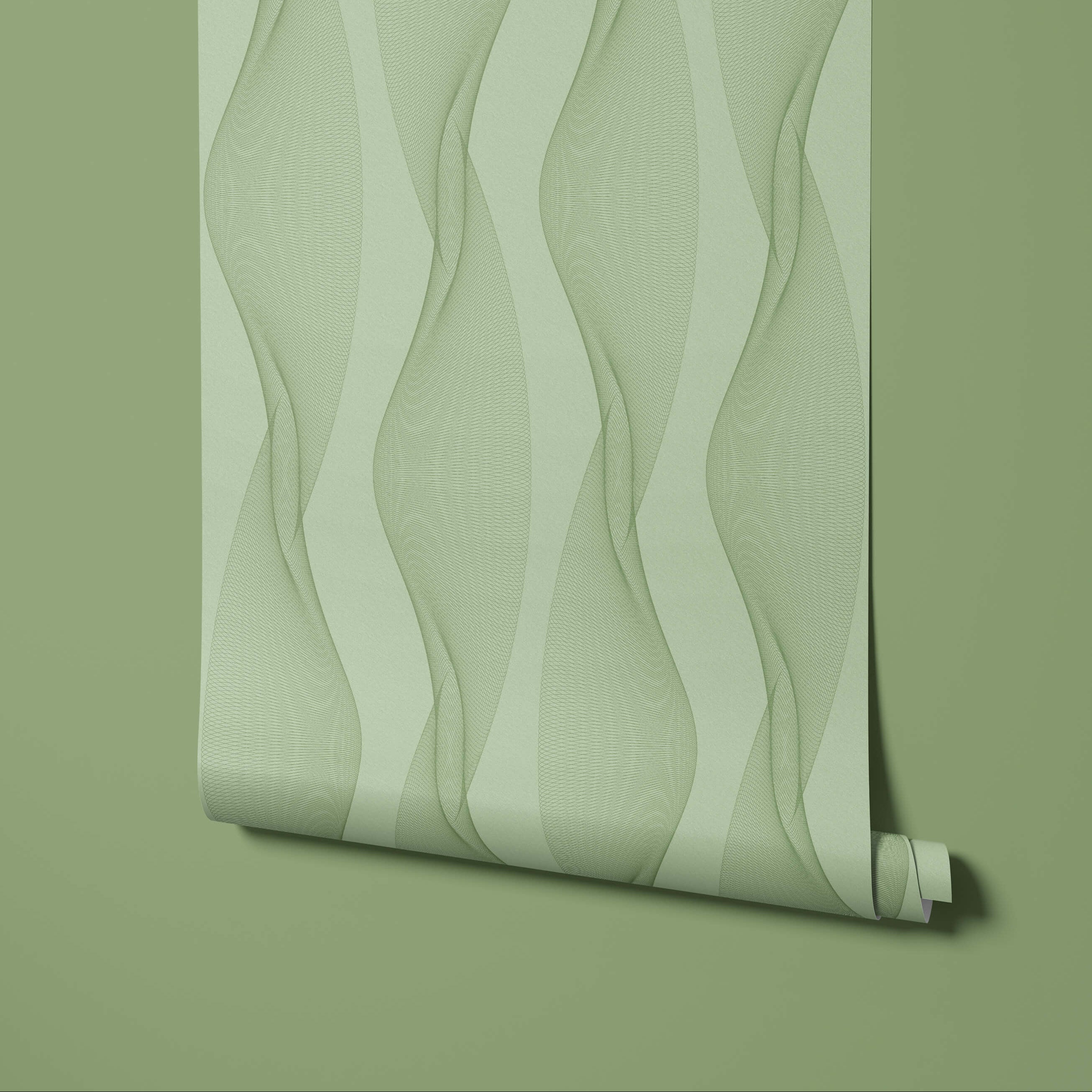 Roll of green wallpaper with wavy pattern on a matching green background