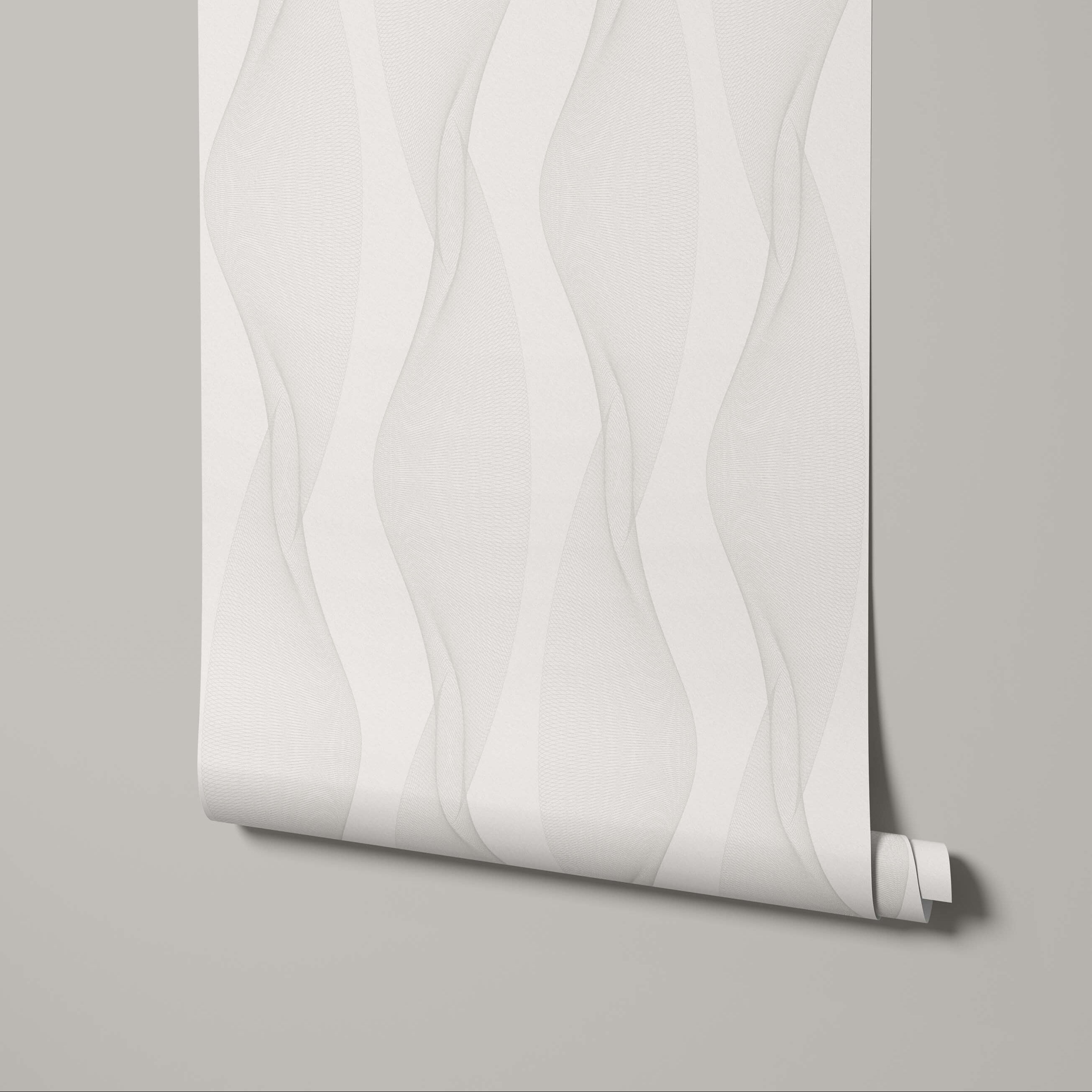 Roll of white wallpaper with wavy pattern on a gray background
