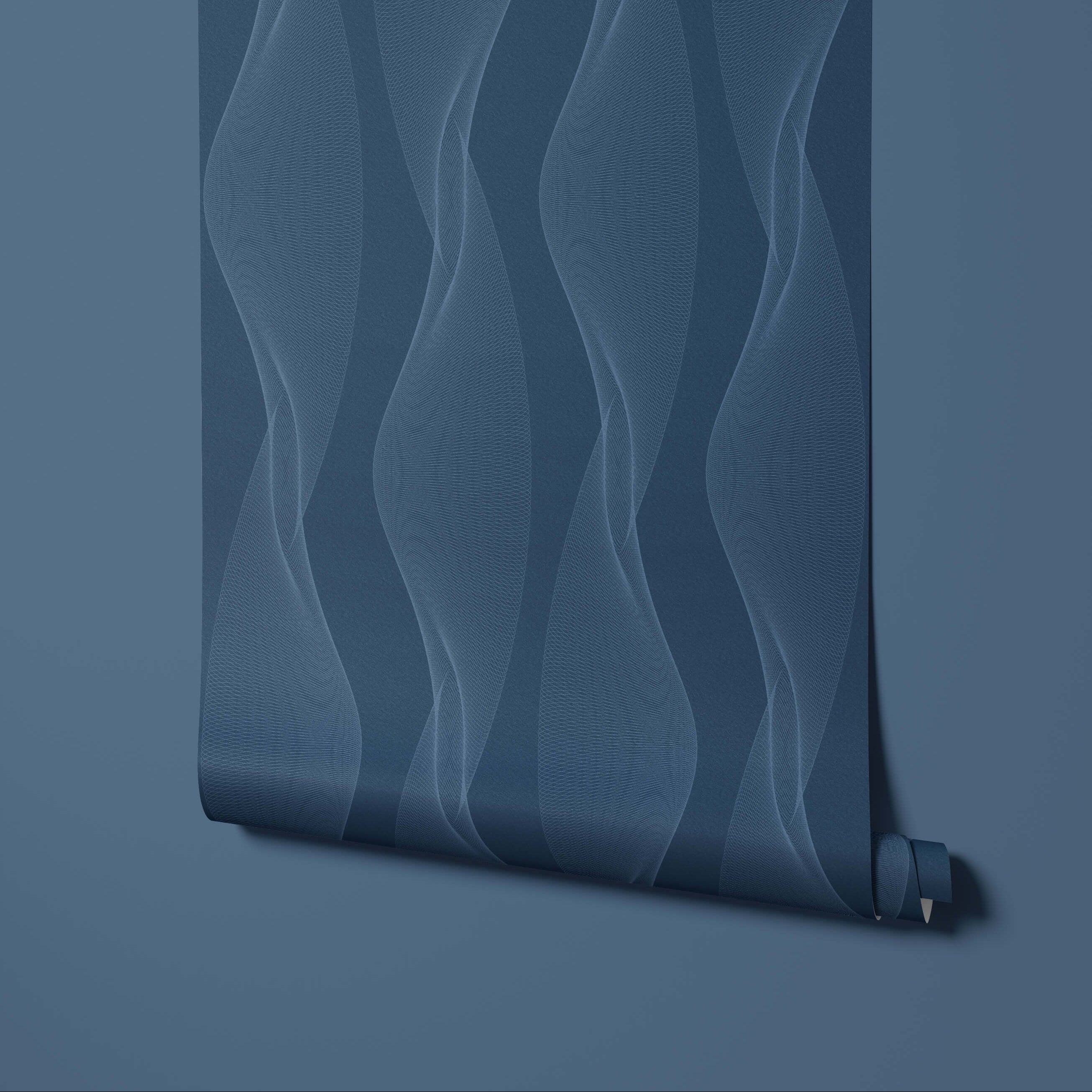 Roll of blue textured wallpaper on a matching background