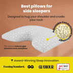 Pillow with adjustable comfort cloud technology on a brown background, featuring awards from Evening Standard, GQ, Glamour, and Indy Best.