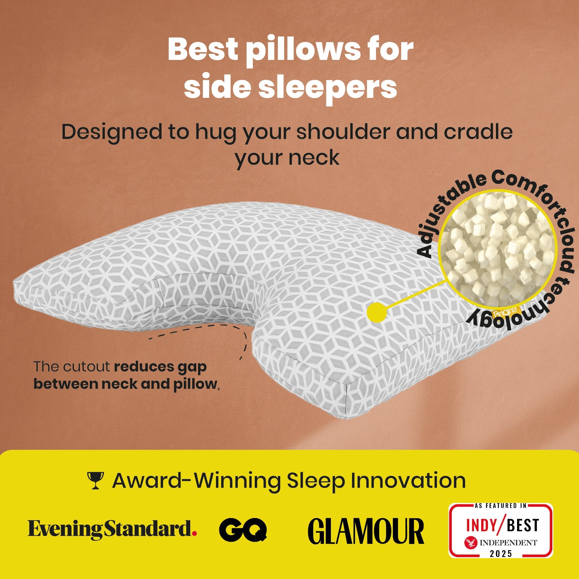 Pillow with adjustable comfort cloud technology on a brown background, featuring awards from Evening Standard, GQ, Glamour, and Indy Best.