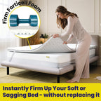 Woman installing Forticell Foam on a bed with text highlighting product features.