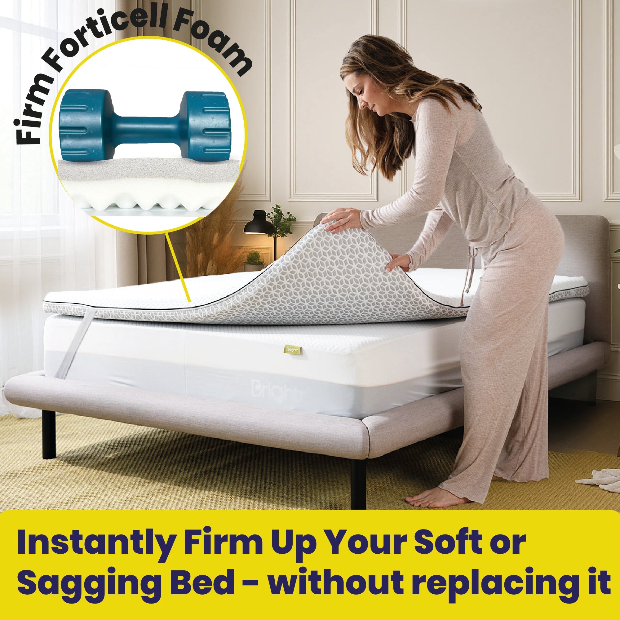 Woman installing Forticell Foam on a bed with text highlighting product features.