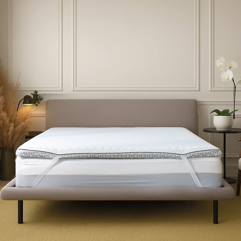 Mattress on a bed in a bedroom setting with neutral decor