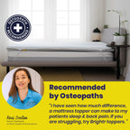 Mattress topper with osteopath recommendation on a bed in a room.