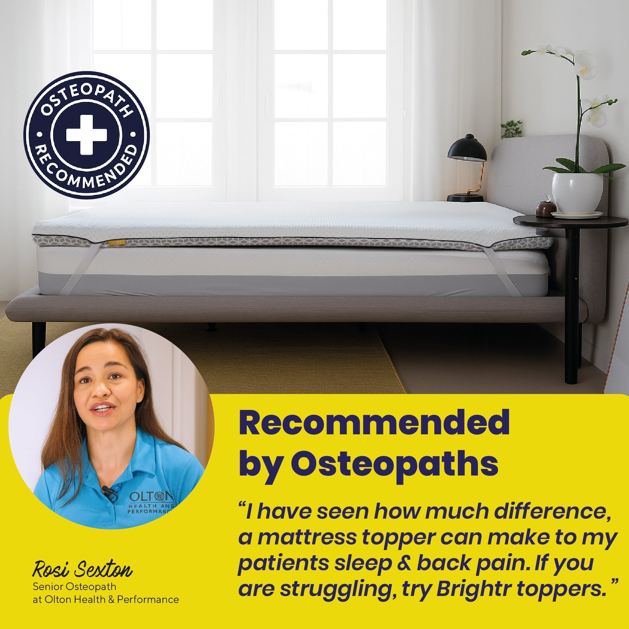 Mattress topper with osteopath recommendation on a bed in a room.
