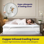 Woman lying on a bed with a copper-infused cooling cover, surrounded by bedroom decor.