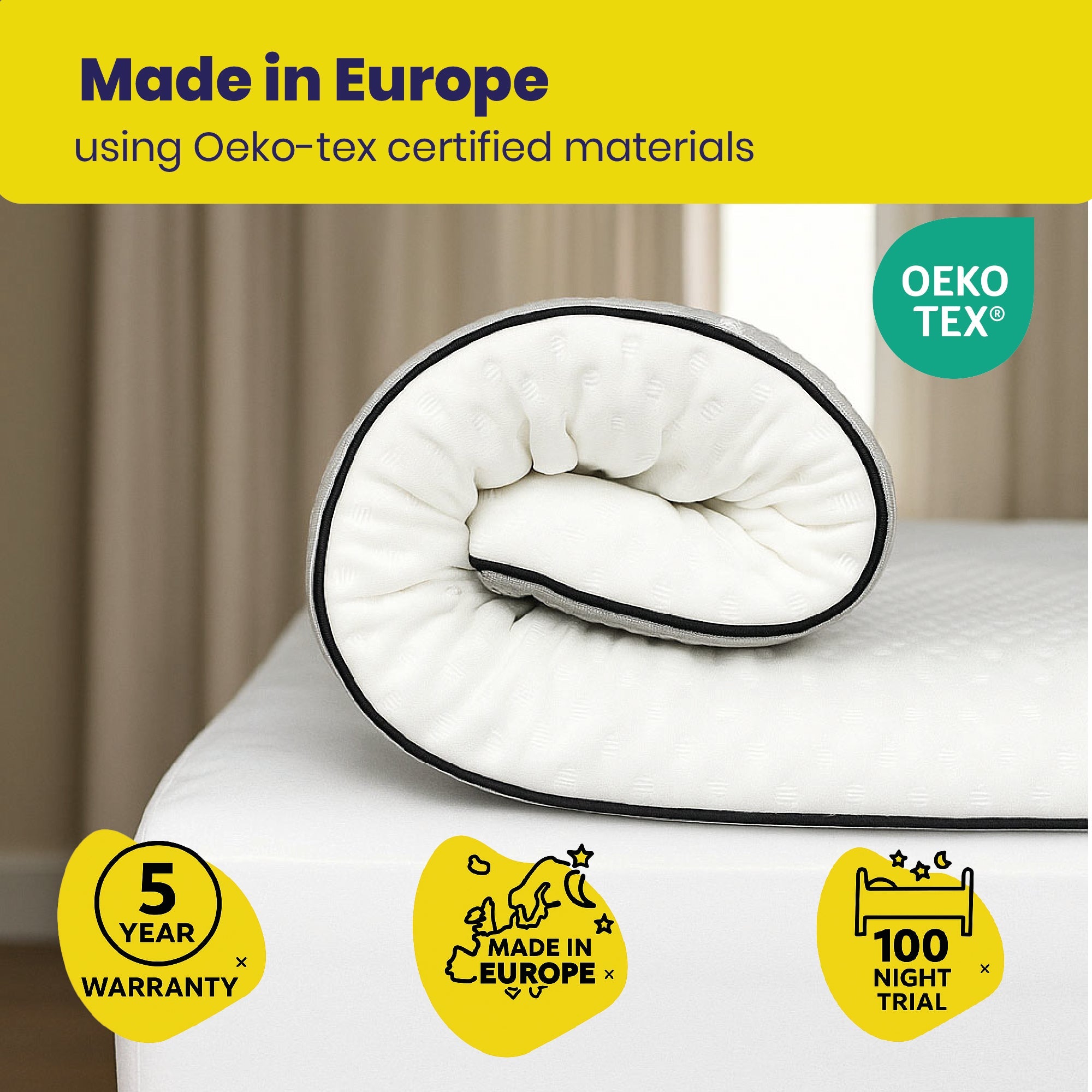 White mattress topper on a bed with Oeko-Tex certification and product features displayed.
