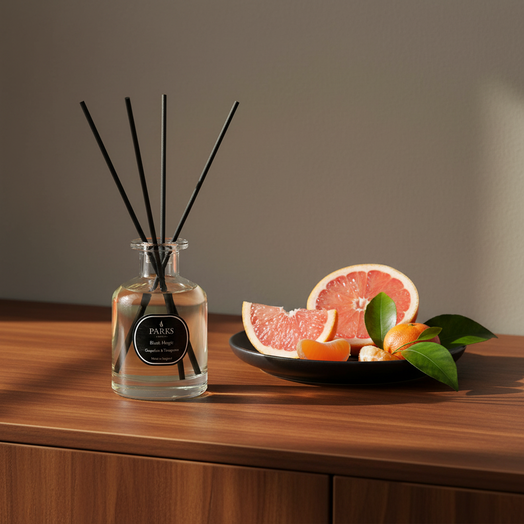 Reed diffuser with black sticks on a wooden surface next to sliced grapefruits.
