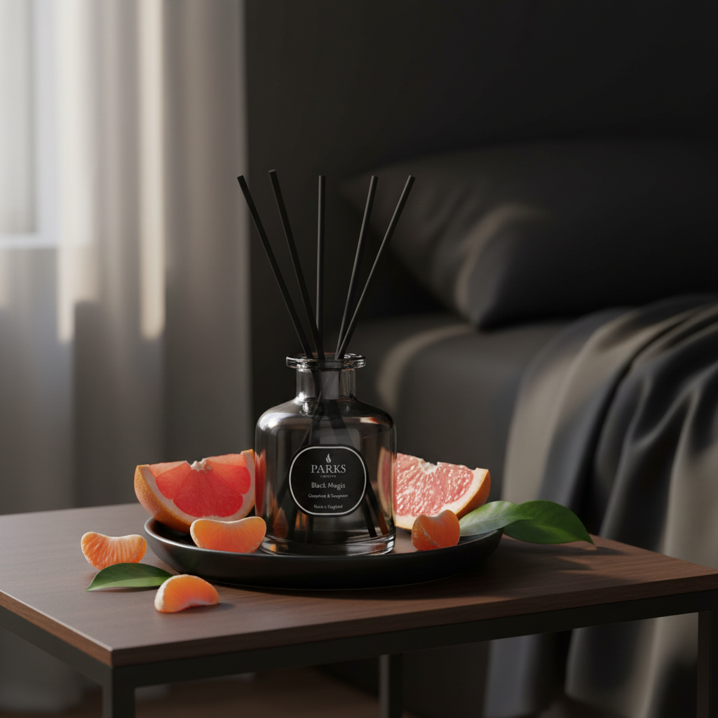 Aromatherapy diffuser with black sticks on a wooden table with grapefruit slices and leaves, against a dark background.