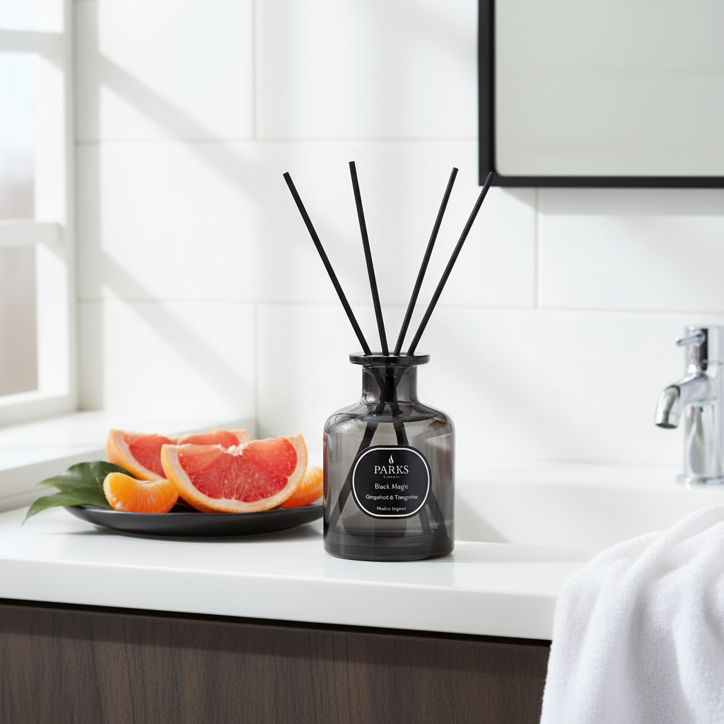 Reed diffuser on a kitchen counter with grapefruits