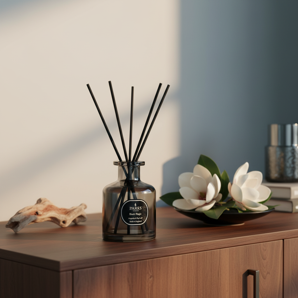 Diffuser with sticks on a wooden surface with a blurred background