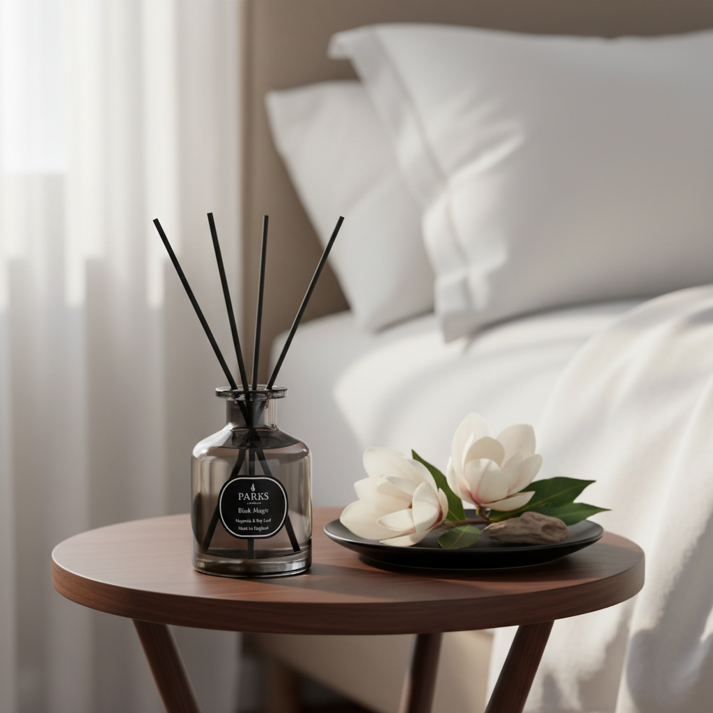 Diffuser with reeds and decorative flowers on a bedside table with a bed in the background