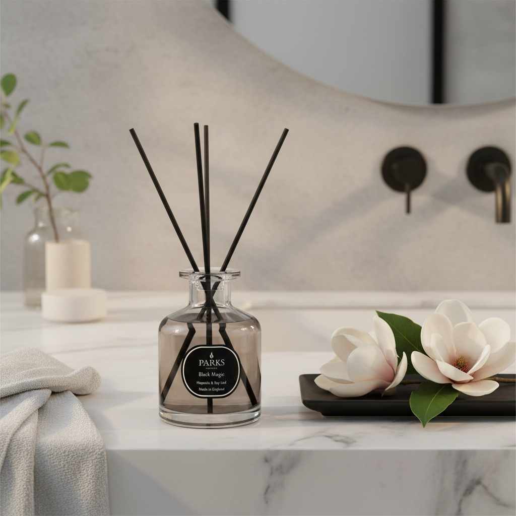 Diffuser with reeds on a bathroom counter with flowers and towels