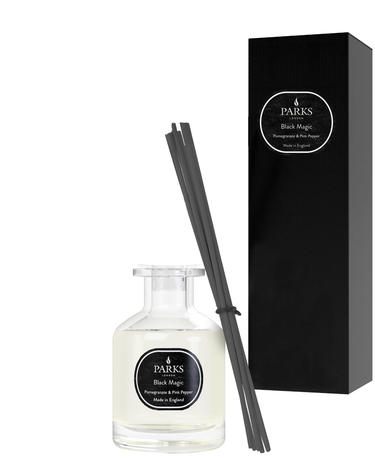 Parks diffuser set with bottle and black reeds against a white background