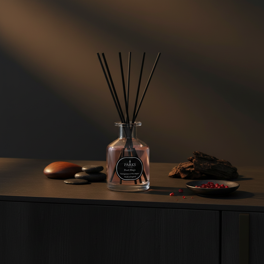 Reed diffuser with decorative elements on a dark surface