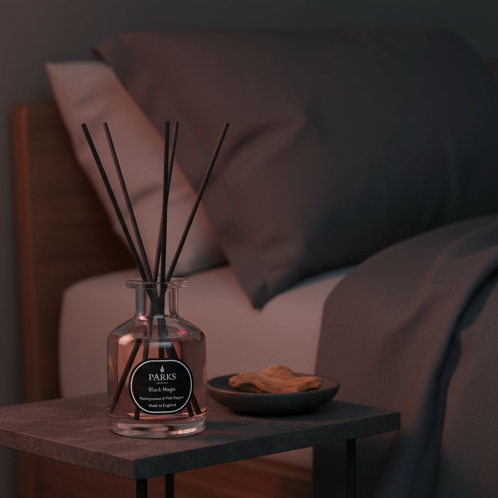 Diffuser with reeds on a table in a room setting