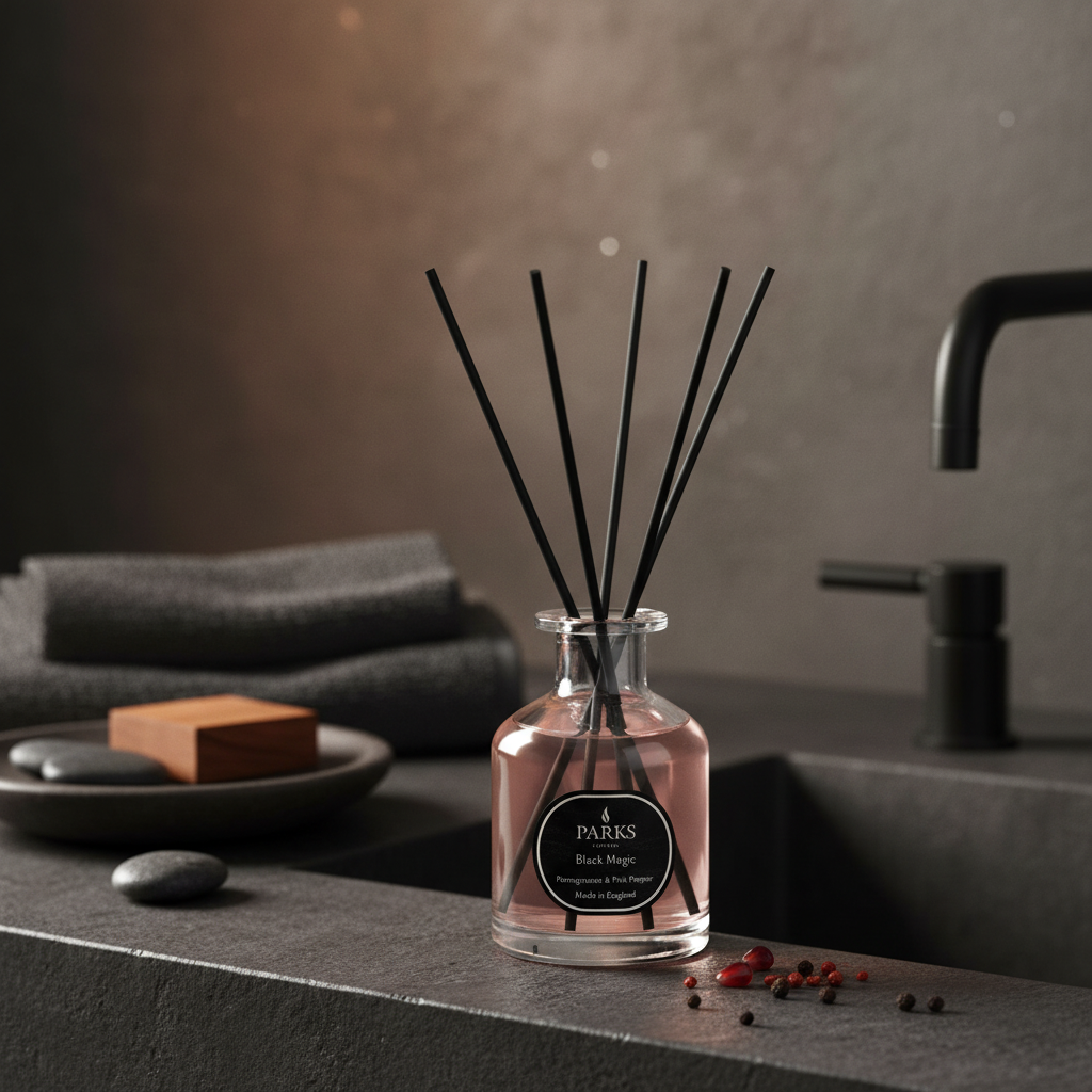 Diffuser with black sticks on a dark surface with a blurred background