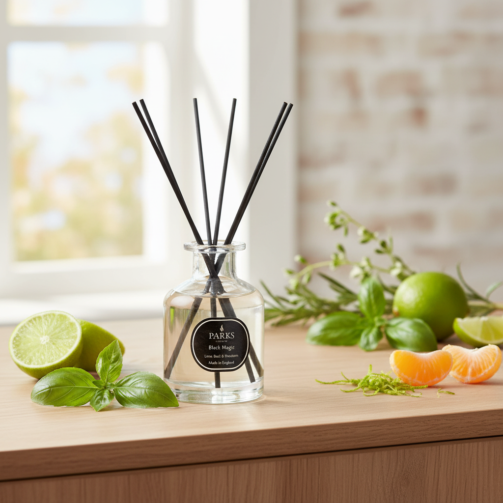 Diffuser with black sticks on a wooden surface with limes and oranges