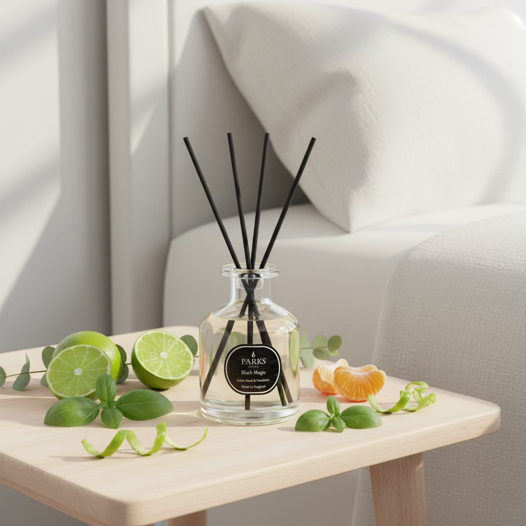 Diffuser with black sticks on a table with limes and oranges, against a neutral background