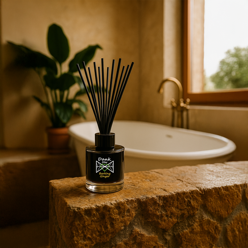Diffuser with black sticks on a stone surface in a bathroom setting