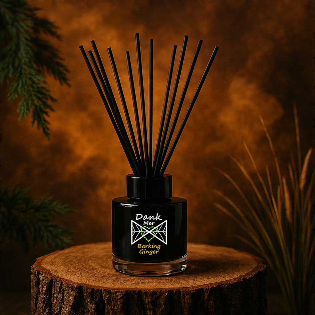 Black diffuser with sticks on a wooden stump against a warm brown background