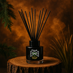 Black diffuser with sticks on a wooden stump against a warm brown background