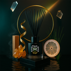 Perfume bottle labeled 'Barking Ginger' with decorative elements on a dark background