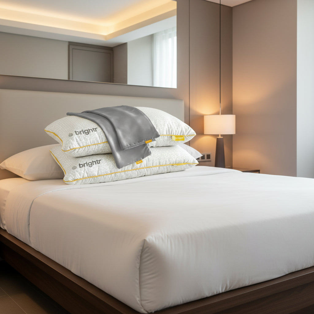 Bedroom with a bed featuring white bedding and gray towels, with 'bright' branding.
