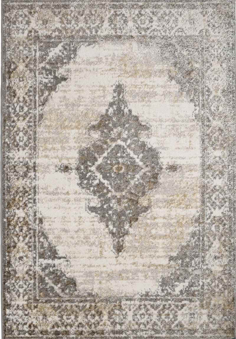 Decorative rug with a central geometric pattern on a beige and brown background