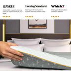 Gray pillow with text highlighting product features and awards on a blurred bedroom background