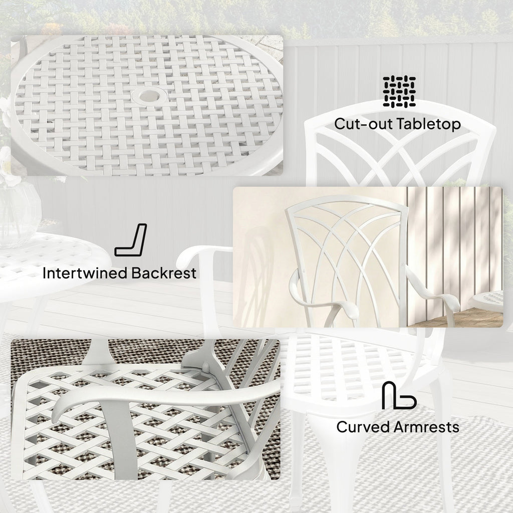 Outsunny 3 Pieces Garden Bistro Set, Cast Aluminium Outdoor Dining Set with 2 Chairs and Round Table with Parasol Hole, White