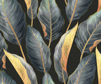 Pattern of stylized leaves with gold and blue tones on a black background