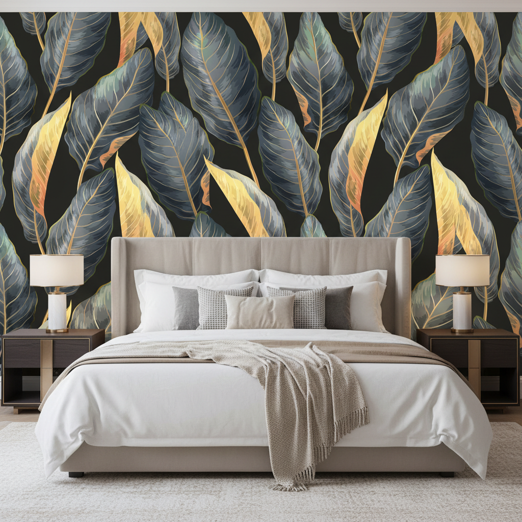 Modern bedroom with a bed against a wall featuring a leaf pattern.